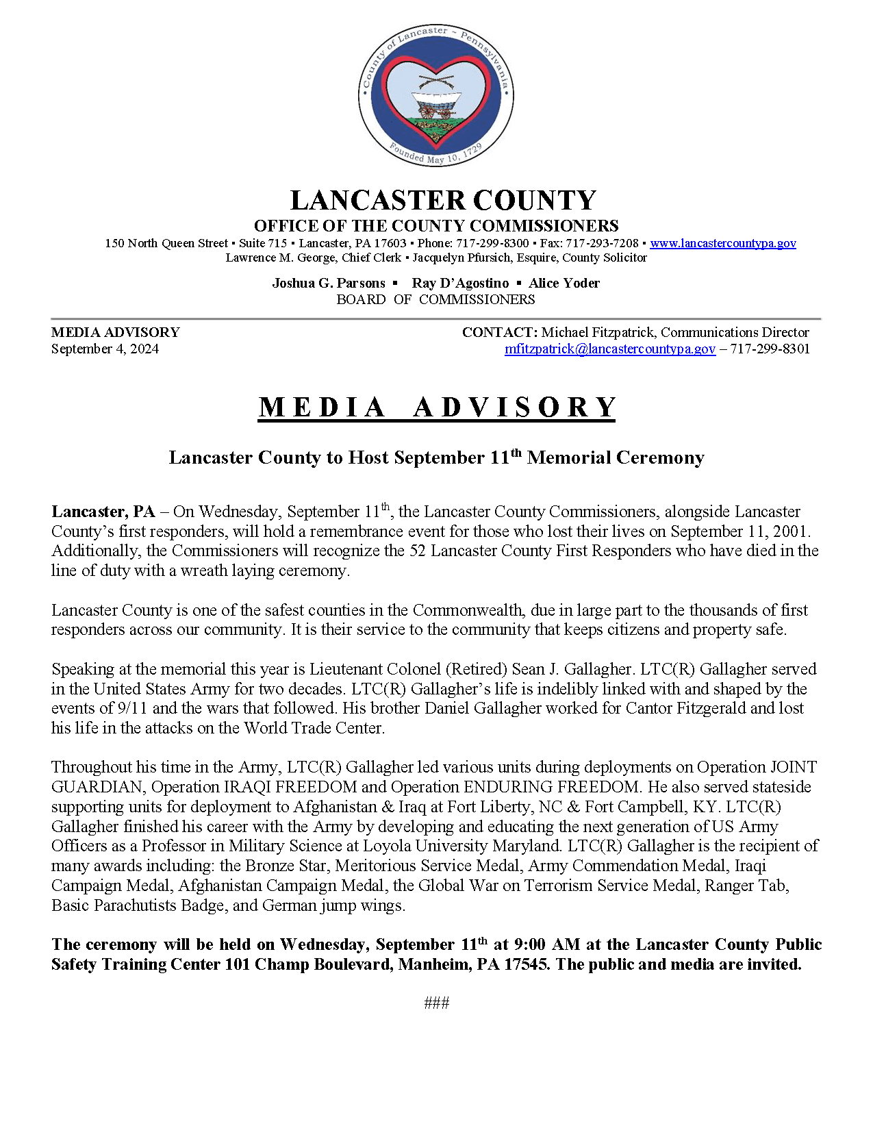 Media Advisory - 9-11 Memorial Service 2024