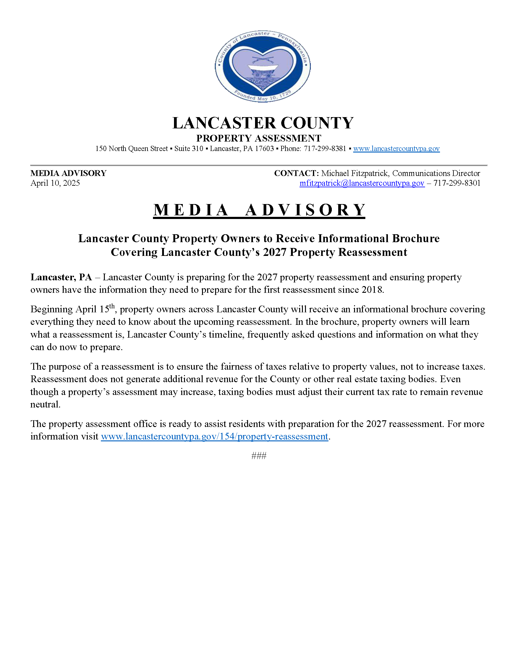 Media Advisory - Reassessment Informational Mailer
